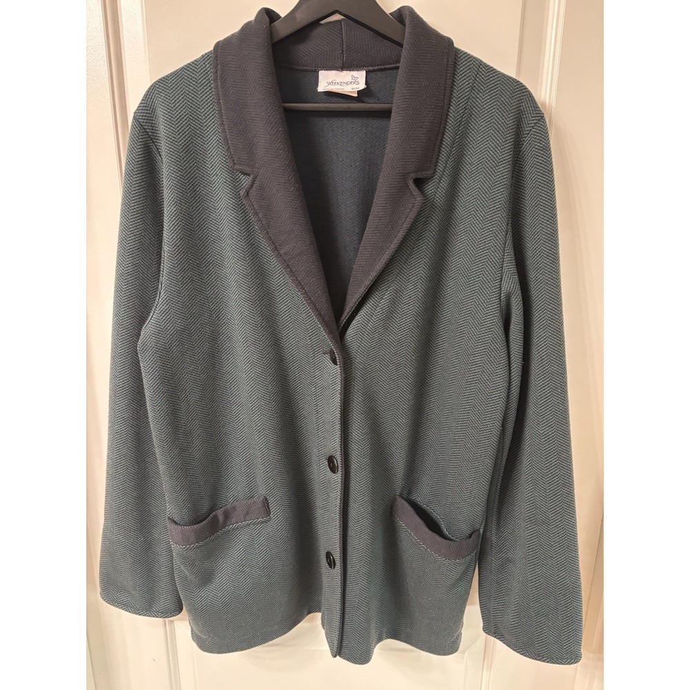 Weekenders Sz M Knit Cardigan Navy & Green Chevron Pockets Button Closure Cozy